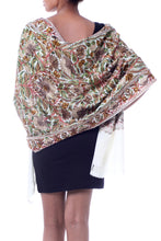 Load image into Gallery viewer, White Wool Shawl with Green Chain Stitch Floral Embroidery - Olive Grove | NOVICA