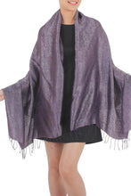 Load image into Gallery viewer, Rich Purple and Gray Rayon Blend Jacquard Shawl - Mandarin Dusk | NOVICA