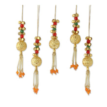 Load image into Gallery viewer, Set of 5 Handcrafted Beaded Brass Bell Christmas Ornaments - Jingle Bells | NOVICA