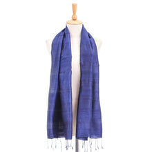 Load image into Gallery viewer, Hand Woven Blue Thai Silk and Rayon Scarf - Sapphire Night | NOVICA