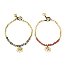 Load image into Gallery viewer, Jasper and Elephant Charm on Pair of Brass Beaded Bracelets - Stylish Elephants | NOVICA