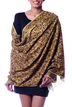 Load image into Gallery viewer, Chain Stitch Embroidered Brown and Yellow Floral Shawl - Golden Chrysanthemums | NOVICA