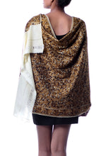 Load image into Gallery viewer, Chain Stitch Embroidered Brown and Yellow Floral Shawl - Golden Chrysanthemums | NOVICA