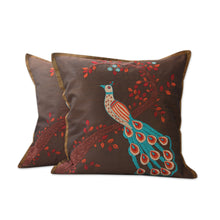Load image into Gallery viewer, India Bird Theme Brown Embroidered Cushion Covers (Pair) - Peaceful Peacock | NOVICA