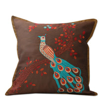 Load image into Gallery viewer, India Bird Theme Brown Embroidered Cushion Covers (Pair) - Peaceful Peacock | NOVICA
