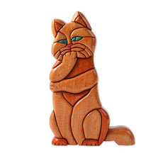 Load image into Gallery viewer, Artisan Crafted Hand Carved Wooden Cat Sculpture - Thoughtful Kitty Cat | NOVICA