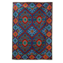 Load image into Gallery viewer, Kashmiri Style Hand Chain Stitch Wool and Cotton Rug (4x6) - Four Red Suns | NOVICA