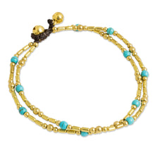 Load image into Gallery viewer, Thailand Blue Calcite Double Strand Brass Bead Anklet - Golden Bell | NOVICA