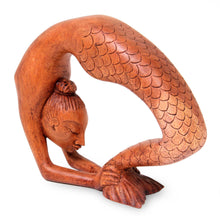 Load image into Gallery viewer, Signed Mermaid Wood Sculpture from Bali - Setu Bandha Sirsasana Mermaid | NOVICA