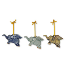 Load image into Gallery viewer, Hand Crafted Ornaments in Celadon Ceramic (Set of 3) - Flying Elephants | NOVICA
