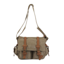 Load image into Gallery viewer, Tan and Brown Leather Accent Roomy Canvas Messenger Bag - Journey to Puno | NOVICA