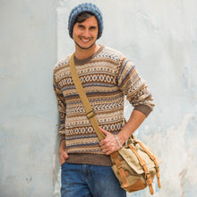 Load image into Gallery viewer, Tan and Brown Leather Accent Roomy Canvas Messenger Bag - Journey to Puno | NOVICA