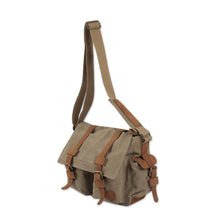 Load image into Gallery viewer, Tan and Brown Leather Accent Roomy Canvas Messenger Bag - Journey to Puno | NOVICA