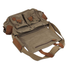 Load image into Gallery viewer, Tan and Brown Leather Accent Roomy Canvas Messenger Bag - Journey to Puno | NOVICA