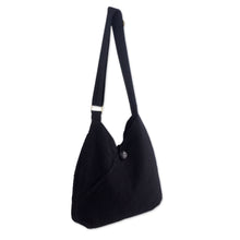 Load image into Gallery viewer, Cotton Hobo Shoulder Bag with Coin Purse and Multi Pockets - Surreal Black | NOVICA