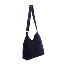 Load image into Gallery viewer, Navy Blue Cotton Hobo Bag with Coin Purse and Multi Pockets - Surreal Blue | NOVICA