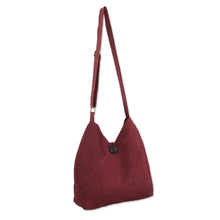 Load image into Gallery viewer, Unique Cotton Pintuck Style Shoulder Bag in Wine Red - Surreal Wine | NOVICA