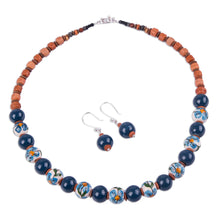 Load image into Gallery viewer, Jewelry Set with Hand Painted Flowers on Ceramic Beads - Blue Andean Blossom | NOVICA