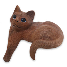 Load image into Gallery viewer, Wood Cat Sculpture Hand Carved in Indonesia - Watchful Long Haired Cat | NOVICA