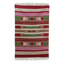 Load image into Gallery viewer, Red and Pink Handwoven Dhurrie Rug with Green Accents - Rose Energy | NOVICA