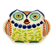 Load image into Gallery viewer, Handcrafted Owl Theme Green and Blue Majolica Ceramic Dish - Curious Green Owl | NOVICA