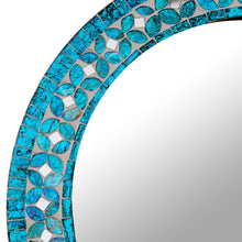 Load image into Gallery viewer, Round Turquoise Glass Mosaic Tile Mirror with Flower Motif - Turquoise Blossom | NOVICA