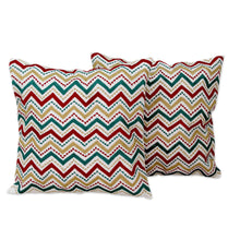Load image into Gallery viewer, Multicolored Zigzag Embroidered Cushion Covers (Pair) - Festive Zigzag | NOVICA