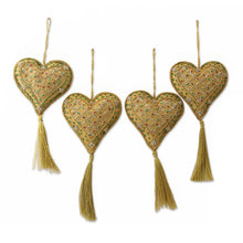 Load image into Gallery viewer, Four Handcrafted Beaded Gold Heart Christmas Ornaments - Heart of the Holiday | NOVICA