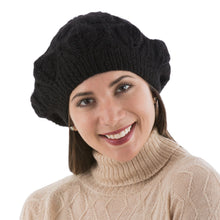 Load image into Gallery viewer, Hand Knit Black 100% Alpaca Beret from Peru - Dark Leaves | NOVICA