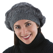 Load image into Gallery viewer, Andean Alpaca Wool Hand Knitted Beret in Charcoal Grey - Charcoal Grey Leaves | NOVICA