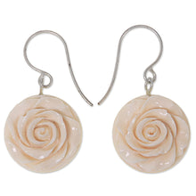 Load image into Gallery viewer, White Rose Dangle Earrings Hand Carved of Bone - Glorious Rose | NOVICA