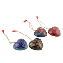 Load image into Gallery viewer, 4 Floral Hearts Artisan Crafted Papier Mache Ornaments Set - Season of Love | NOVICA