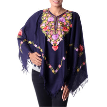 Load image into Gallery viewer, Dark Blue Wool Poncho with Pastel Flower Embroidery - Royal Garden | NOVICA