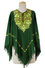 Load image into Gallery viewer, Kashmiri Chain Stitch Floral Embroidery Green Wool Poncho - Kashmiri Forest | NOVICA