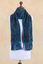 Load image into Gallery viewer, Turquoise and Blue Reversible Alpaca Blend Jacquard Scarf - Turquoise and Blueberry | NOVICA