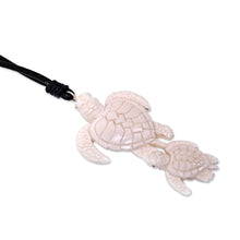 Load image into Gallery viewer, Handcrafted White Turtle Pendant and Leather Cord Necklace - Swimming with Mother | NOVICA