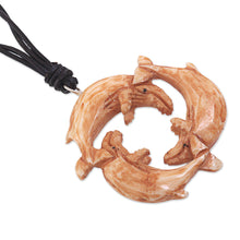 Load image into Gallery viewer, Leather Necklace with a Hand Carved Bone Whale Pendant - Frolicking Whales | NOVICA