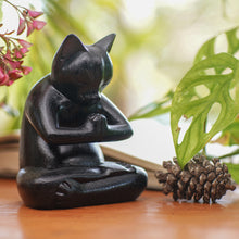 Load image into Gallery viewer, Black Cat Praying in a Yoga Pose Signed Wood Sculpture - Black Cat Prayer | NOVICA