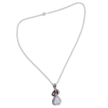 Load image into Gallery viewer, Silver and Rainbow Moonstone Necklace with Faceted Amethyst - Two Teardrops | NOVICA