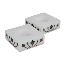 Load image into Gallery viewer, Square Marble Tealight Holders with Green Blooms (Pair) - Blooming Buds in Green | NOVICA