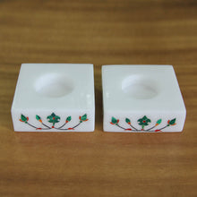Load image into Gallery viewer, Square Marble Tealight Holders with Green Blooms (Pair) - Blooming Buds in Green | NOVICA