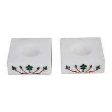 Load image into Gallery viewer, Square Marble Tealight Holders with Green Blooms (Pair) - Blooming Buds in Green | NOVICA