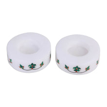 Load image into Gallery viewer, Round Marble Tealight Holder with Green Blooming Buds (Pair) - Floral Symmetry in Green | NOVICA