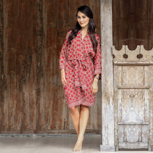 Load image into Gallery viewer, Dark Red Hand Stamped Batik Rayon Kimono Jacket - Claret Nebula | NOVICA