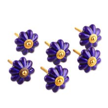 Load image into Gallery viewer, Hand Made Ceramic Cabinet Knobs Floral Blue (Set of 6) India - Floral Beauties in Indigo | NOVICA
