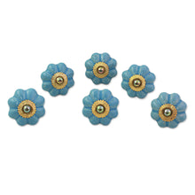 Load image into Gallery viewer, Ceramic Cabinet Knobs Floral Sky Blue (Set of 6) from India - Floral Beauties in Sky Blue | NOVICA
