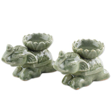 Load image into Gallery viewer, Green Ceramic Elephant Incense Holders (Pair) - Polite Elephants | NOVICA
