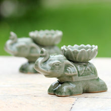 Load image into Gallery viewer, Green Ceramic Elephant Incense Holders (Pair) - Polite Elephants | NOVICA