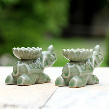 Load image into Gallery viewer, Green Ceramic Elephant Incense Holders (Pair) - Polite Elephants | NOVICA