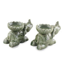 Load image into Gallery viewer, Green Ceramic Elephant Incense Holders (Pair) - Polite Elephants | NOVICA